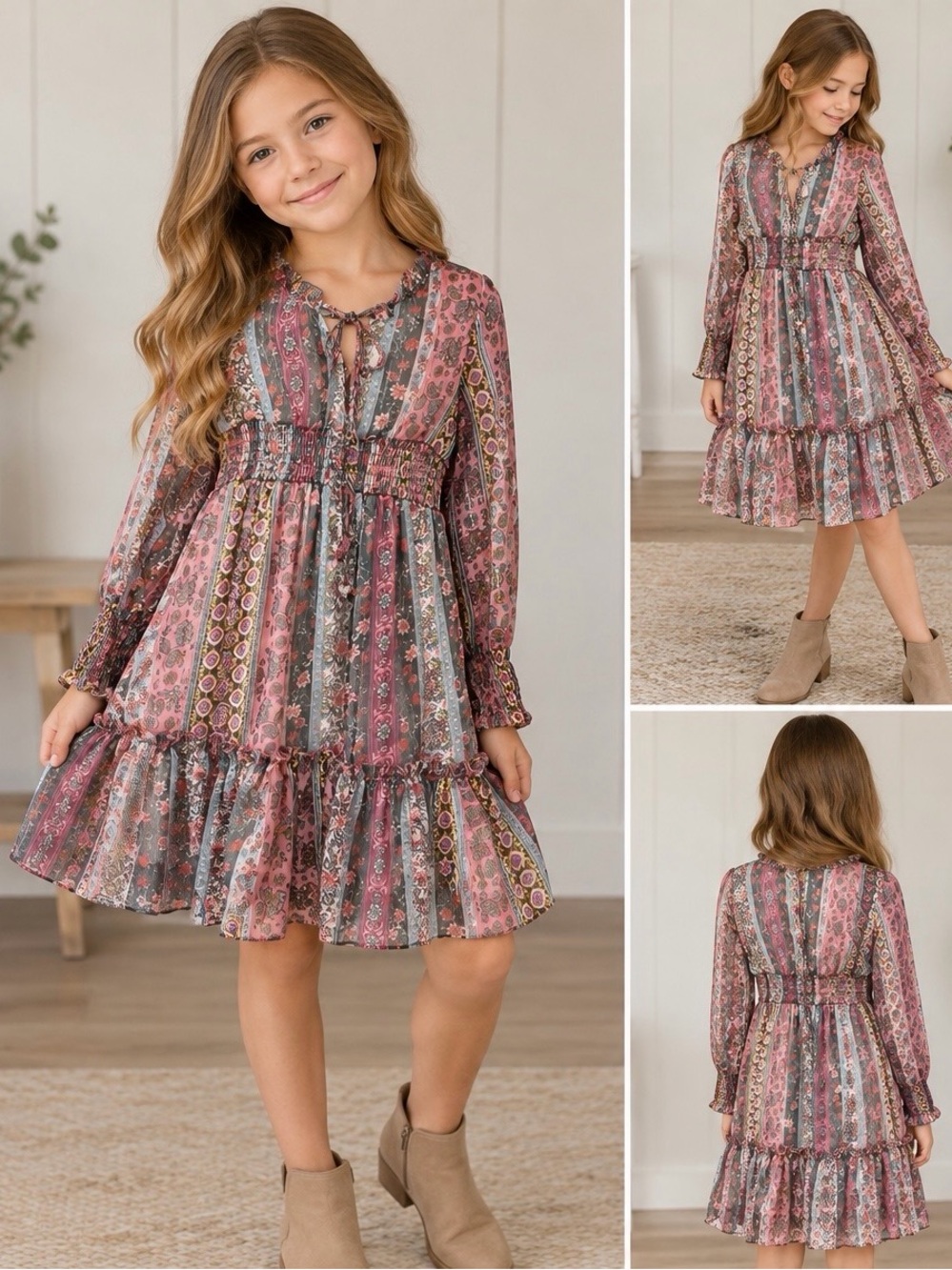 Rare Editions Boho Floral Metallic Tiered Dress Magenta Girls Size 8 NWT